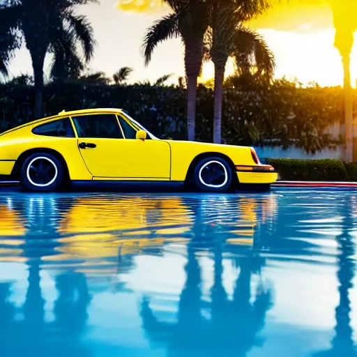 Image similar to a yellow 1 9 8 5 porsche 9 1 1 turbo driven half into a palm beach swimming pool, sunset, hyperreal, 4 k