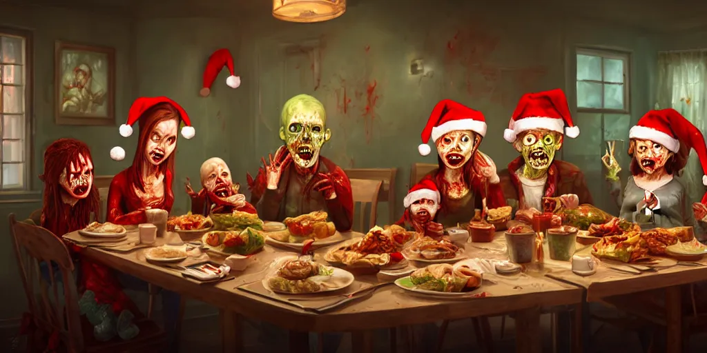 Image similar to a zombie family christmas diner, wide angle, super highly detailed, professional digital painting, artstation, concept art, smooth, sharp focus, no blur, no dof, extreme illustration, unreal engine 5, photorealism, hd quality, 8 k resolution, cinema 4 d, 3 d, beautiful, cinematic, art by wlop