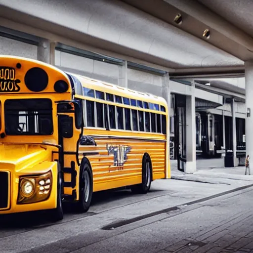 Prompt: Photo of a school bus going to a mall, realistic