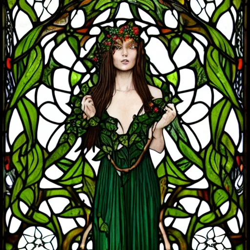 Prompt: a stunningly detailed tarot card stained glass window of a beautiful poison ivy with white skin wearing a long floor length dress made of vines as a medieval druid queen, dark eyeliner, intricate, elegant, highly detailed, digital painting, artstation, concept art, sharp focus, illustration, art by greg rutkowski and alphonse mucha