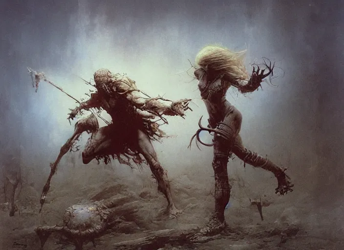 Image similar to bald barbarian girl fighting ethereal goblin princess by Beksinski and Luis Royo