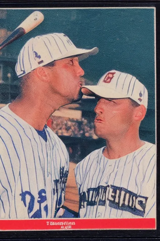 Image similar to baseball card of two players kissing