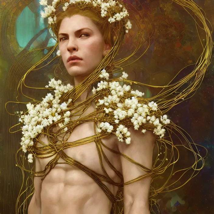 Prompt: hyperrealist portrait of a 2 0 4 4 space sport ironman, it is decorated with long gold wires and white flowers that fall like vines and wears a huge computer crown. by jeremy mann and alphonse mucha, fantasy art, photo realistic, dynamic lighting, artstation, poster, volumetric lighting, dramatic light, very detailed faces, 8 k, award winning