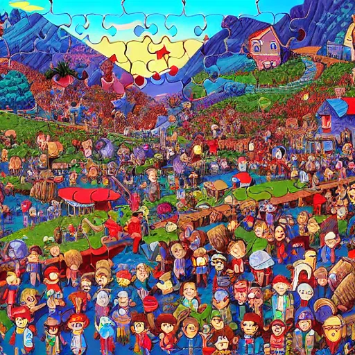 Prompt: children's puzzle art in the style of where's waldo, fantasy landscape full of clearly drawn individual characters, extremely detailed, sharp focus, pixelart, wide view, digital illustration, by dan mumford, greg rutowski, johan grenier