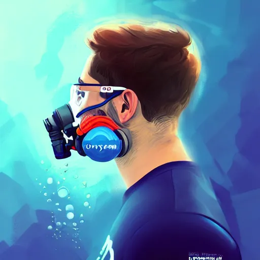 Image similar to a profile photo of a man with oxygen cylinder and mask, side profile in underwater, highly detailed, digital painting, artstation, concept art, smooth, sharp focus, illustration by Sandra Chevrier