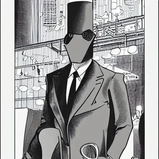 Image similar to an anthropomorphic chess piece dressed in a business suit, by moebius