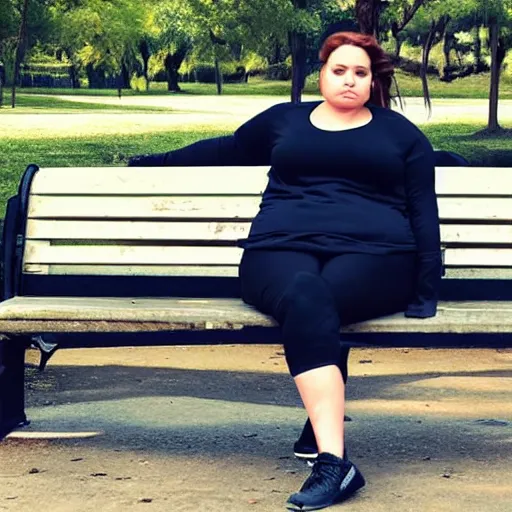 Prompt: a fat version of angelina jolie wearing sweatpants sitting on a park bench being sad