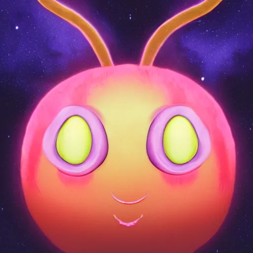 Prompt: an alien with a face that looks like a fuzzy peach the peach is fuzzy pink warm and ripe the alien has horns and a mean smile, 4k, highly detailed, high quality, amazing, high particle effects, glowing, majestic