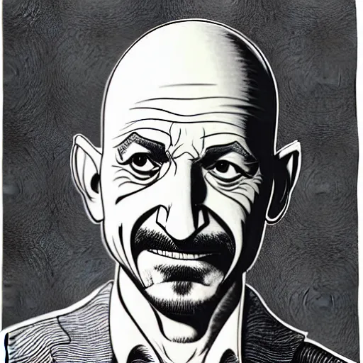 Prompt: ben kingsley's head is an ice cream ball in an ice cream cone. caricature, colorful ink, by moebius