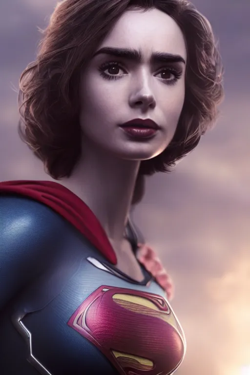 Image similar to a fancy close up of Man of Steel cast as Lily Collins by Greg Rutkowski, Sung Choi, Mitchell Mohrhauser, Maciej Kuciara, Johnson Ting, Maxim Verehin, Peter Konig, 8k photorealistic, cinematic lighting, HD, high details, dramatic, trending on artstation, full body shot