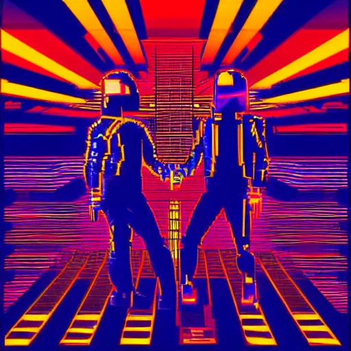 Image similar to daft punk cyberpunk retro synthwave pixel art robot futuristic city background flash colors