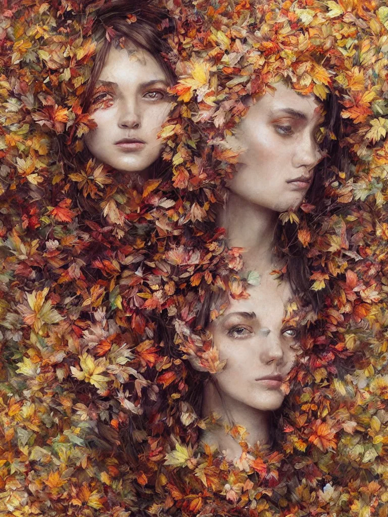 Image similar to a portrait of a woman with serene emotion surrounded by a chaotic tornado of autumn leaves, intricate details, aesthetically pleasing and harmonious natural colors, art by marco mazzoni, impressionism, detailed, dark