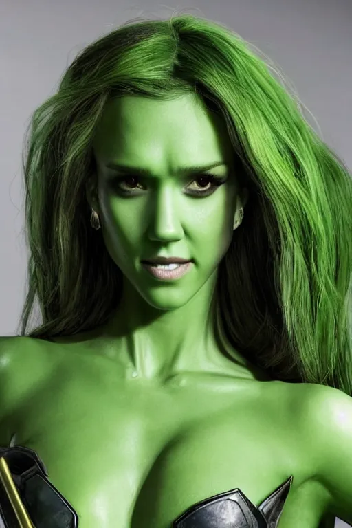 Prompt: jessica alba as a green - skinned verden from dnd, cosplay, photoshoot