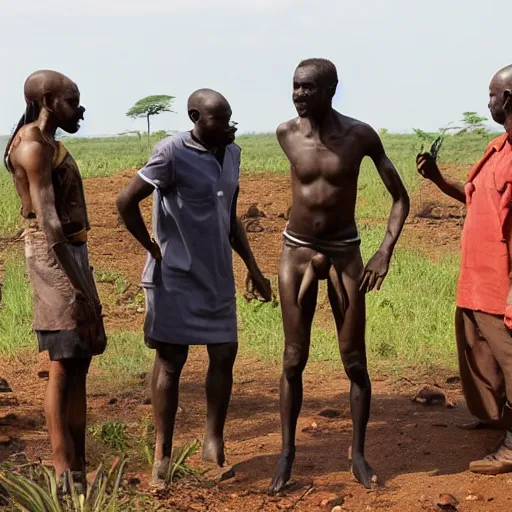 Image similar to modern researchers meeting homo erectus in the wild, east african plains, modern human meeting archaic human, scientists, award - winning photograph