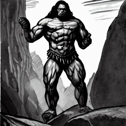 Prompt: muscular martian barbarian, standing on boulder, science fiction pulp illustration