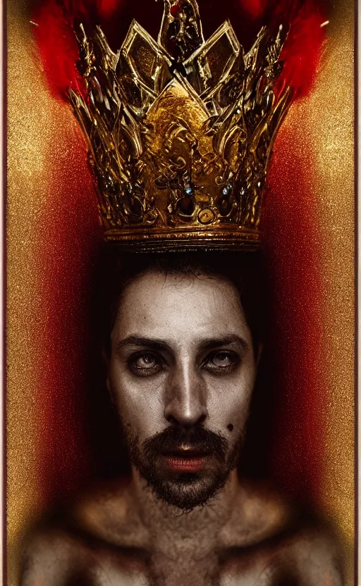 Image similar to 'Portrait of Crowned King Arthur' by Lee Jeffries royally decorated, whirling plasma, atmospheric motes, red and gold Sumptuous garb, gilt silk fabric, radiant colors, fantasy, perfect lighting, studio lit, micro details,