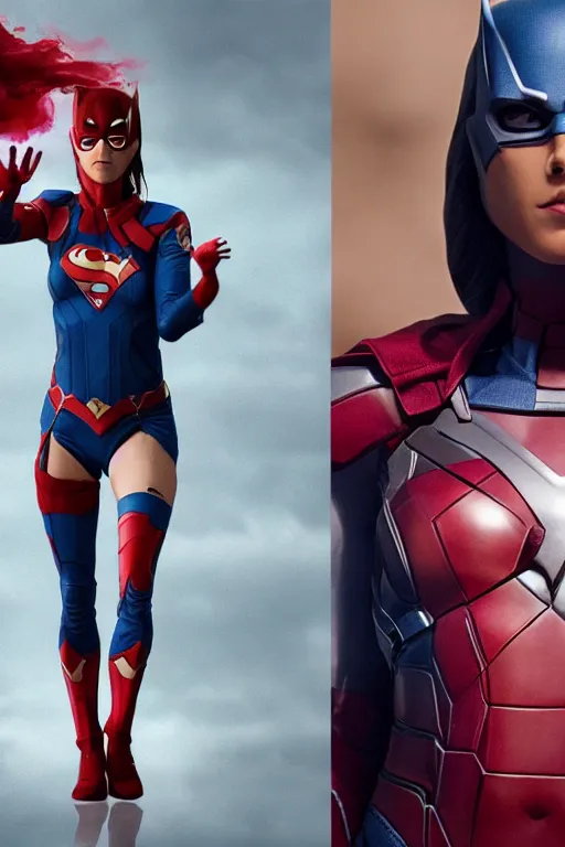 Prompt: VFX movie still frame portrait beautiful DC vs. Marvel hero woman natural skin, hero pose, war zone by Emmanuel Lubezki