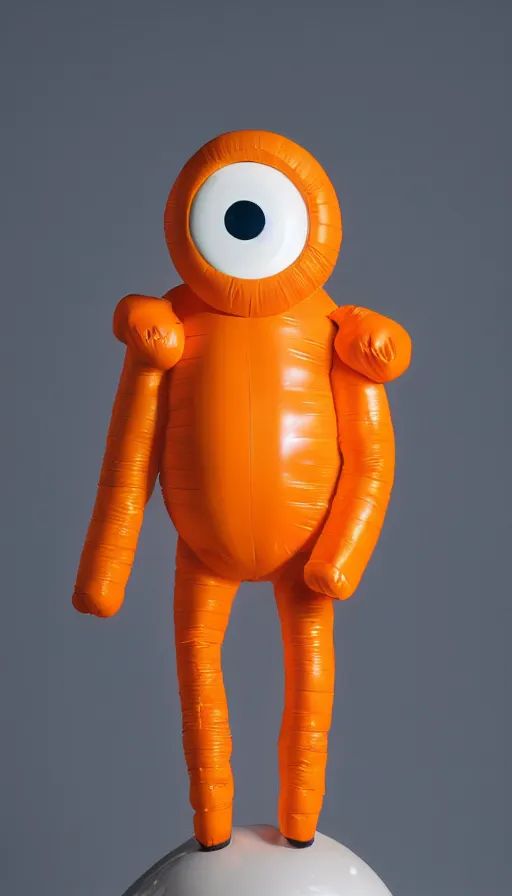 Prompt: a single striding slender figurine of a tall giant inflated space man wearing over sized amber puffy bomber jacket, long bendy arms and legs, googly eyes, tareme eyes, small head, personification, dynamic pose, detailed product photo, tone mapped, beautiful composition, orange mist swirling at feet, 8 5 mm, f 5. 8, soft lighting