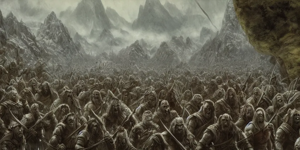 Image similar to A large group of Orcs from the Misty Mountains attacking the army of Aragorn, detailed matte painting, cinematic, Alan Lee, Artstation