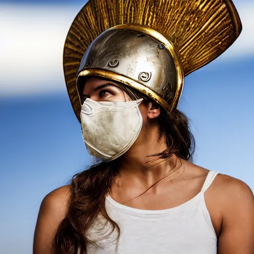 Image similar to a beautiful medium shot of a beautiful model looking of into the distance, wearing an antique athenian warrior helmet with facemask on her head, wearing an ancien greek white tunic with bleu patterns, beautiful natural backlit light failing on her face, golden hour, by annie leibowitz