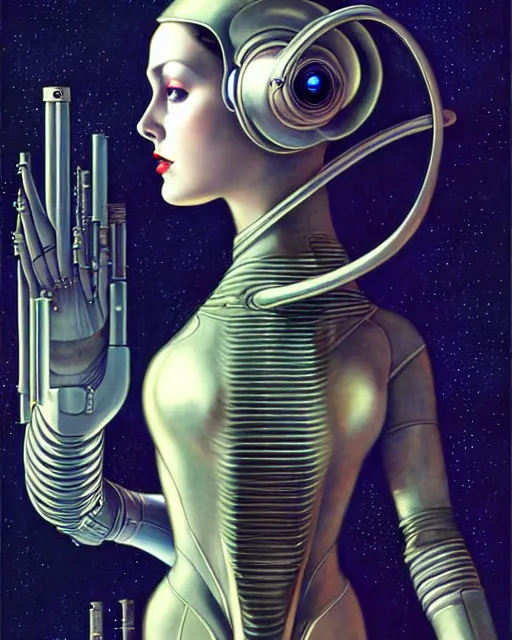 Image similar to futuristic portrait of woman from 2 0 s decade of xx century in metal space suit in a style of hans giger, dark atmosphere, space horror, art by kuvshinov ilya and wayne barlowe and gustav klimt and artgerm hans giger