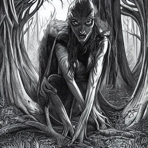 Prompt: a vampire in the forest. drawing. trending. hot. best. hyper detailed.