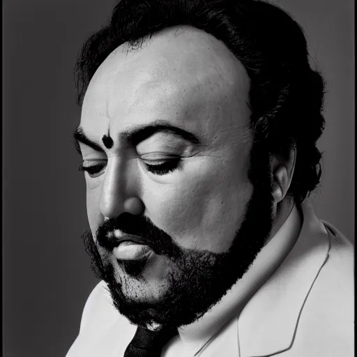 Prompt: black and white photo, portrait of Luciano Pavarotti by richard avedon, realistic, Leica, medium format, cinematic lighting, parallax, high resolution,