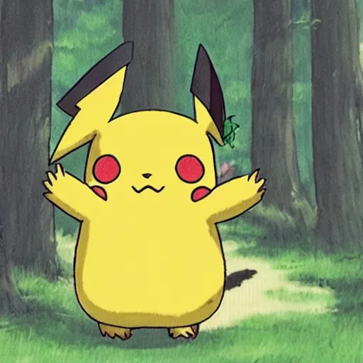 Prompt: Pikachu dressed up like Totoro while holding a leaf, Ghibli, art