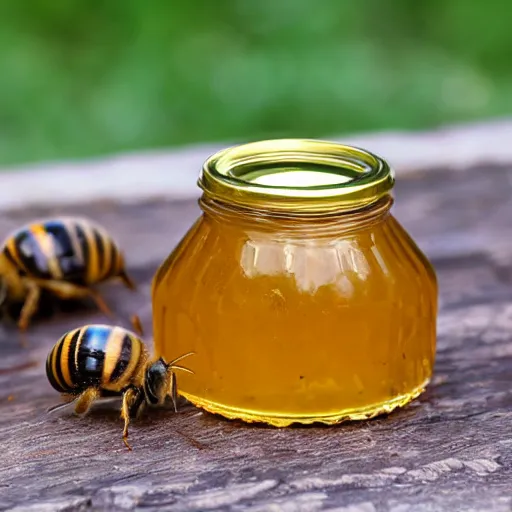 Image similar to a jar of honey in a beehive, product photo