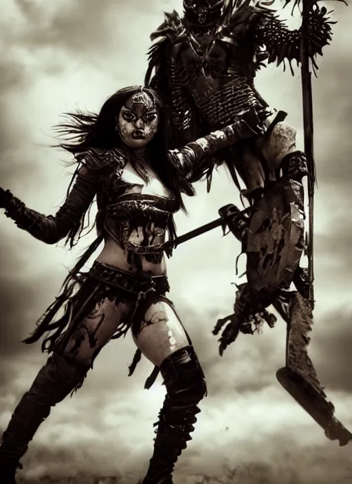 Prompt: Battlefield, shy aztec princess fights brutal barbarian, inspired by mad max and dark fantasy and fashion, beautiful body, clean brutal blooded symmetrical face, brutal bloody and sluty make up, epic,dramatic lighting, cinematic, establishing shot, extremely high detail, photorealistic, brutal, provocative , cinematic lighting, artstation, octane render, dark fantasy ,old photo, vintage, black and white, Boris vallejo, sepia, old photography, documentary photography