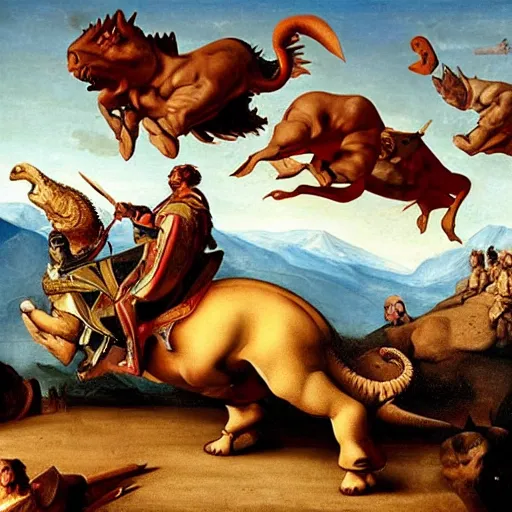 Prompt: hannibal crosses the alps with battle triceratops, punic wars, renaissance painting style