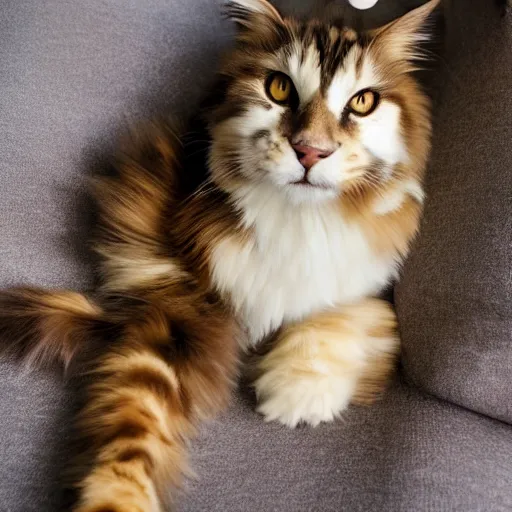 Image similar to very cute huge giant large calico main coon sprawled out across entire bed, portrait, pixar style, cinematic lighting, award winning creature portrait photography