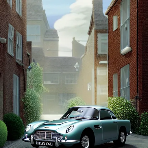 Prompt: a wholesome animation key shot of a toy aston martin db 5, in a rich london mews residential street, medium range, studio ghibli, ( pixar ) and disney animation, sharp, very detailed, unreal engine 5 render, bloom, high resolution, anime key art by greg rutkowski