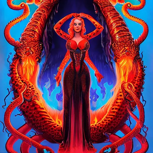 Image similar to demonic hell portrait of scarlett johansson as queen of hell, fire and flame, big long hell serpent dragon octopus, Pixar style, by Tristan Eaton Stanley Artgerm and Tom Bagshaw.