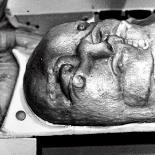 Image similar to photo of alien autopsy done by Ronald Reagan on the recovered Roswell aliens , psychedelic