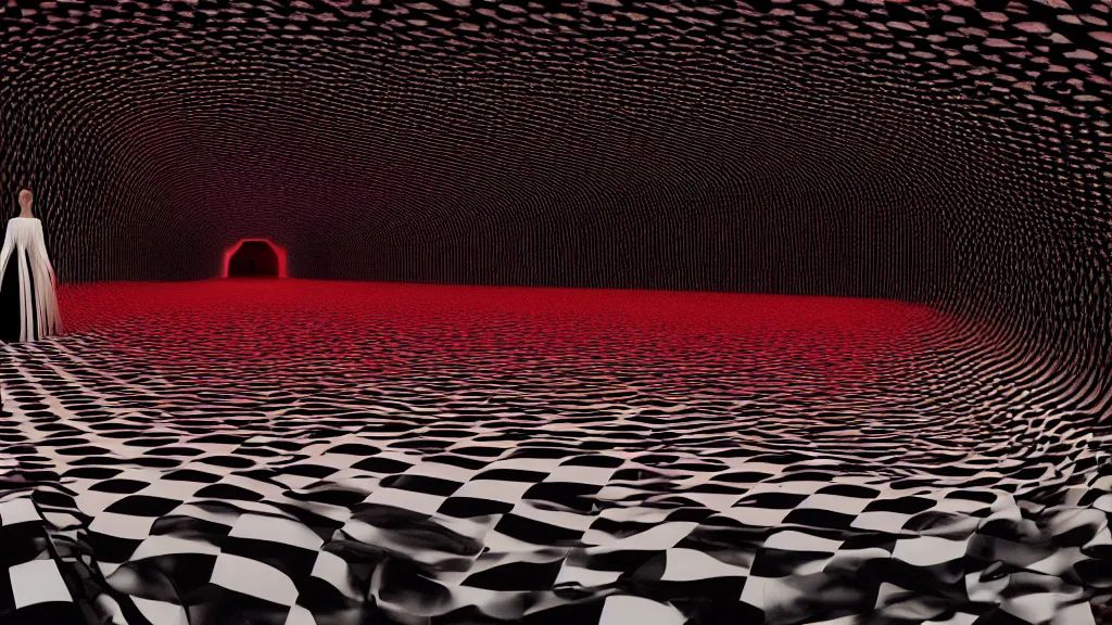 Image similar to a warped tunnel of irregular red and black checkerboard pattern drowns a woman in a white gown, 4k film still from the movie directed by Denis Villeneuve with art direction by Zdzisław Beksiński, wide lens