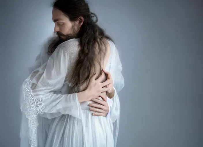 Prompt: jesus hugging a woman from behind, spirit hugs, in style of paolo roversi, britt marling style 3 / 4, long hair, a beautiful ethereal lace white robe, 8 k, soft focus, soft light, volumetric lighting, highly detailed realistic, refined, highly detailed, natural outdoor soft pastel lighting colors scheme
