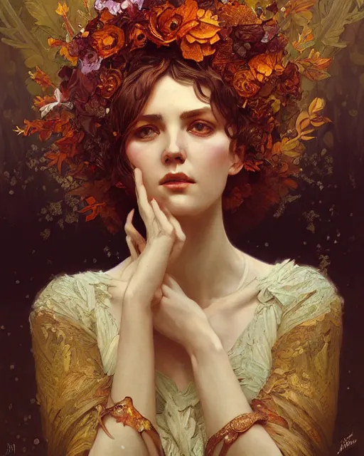 Prompt: A full portrait of the goddess of autumn, intricate, elegant, highly detailed, digital painting, artstation, concept art, smooth, sharp focus, illustration, art by Krenz Cushart and Artem Demura and alphonse mucha