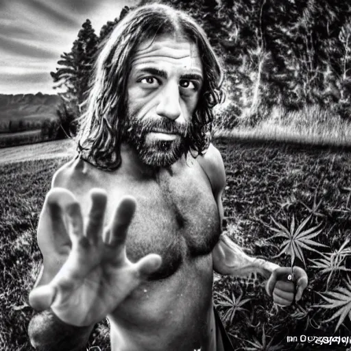 Image similar to joe rogan photography of lord and savior jesus christ, serious weed smoking.