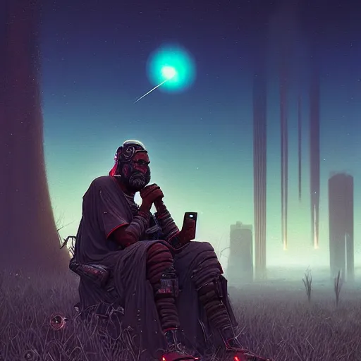 Prompt: a cyberpunk mursi elder sitting in a field watching a meteor shower with his droid in the foreground by greg rutkowski and android jones in a cyberpunk style, oil on canvas, 8k, afrofuturism