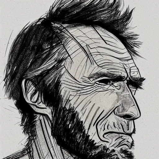 Image similar to a realistic yet scraggly portrait sketch of the side profile of a stern and sophisticated clint eastwood, trending on artstation, intricate details, in the style of frank auerbach, in the style of sergio aragones, in the style of martin ansin, in the style of david aja, in the style of mattias adolfsson