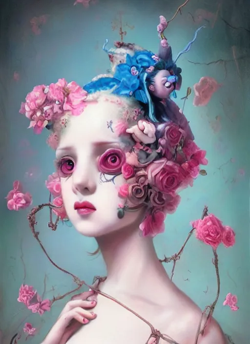 Image similar to pop surrealism, lowbrow art, realistic seductive cute woman looking painting, pink body harness, japanese shibari with blue flowers, hyper realism, muted colours, rococo, natalie shau, loreta lux, tom bagshaw, mark ryden, trevor brown style,