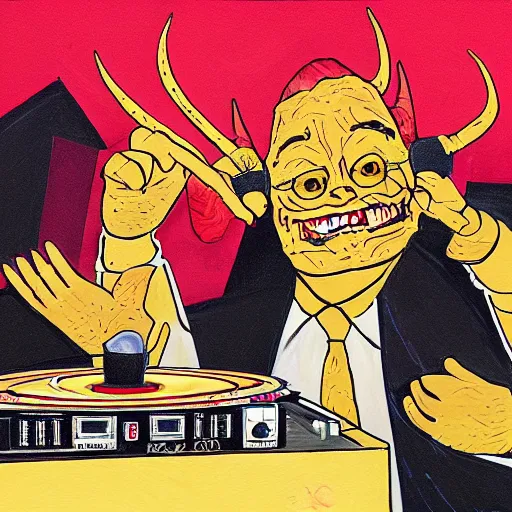 Image similar to painting of the devil as a dj with hand on record spinning