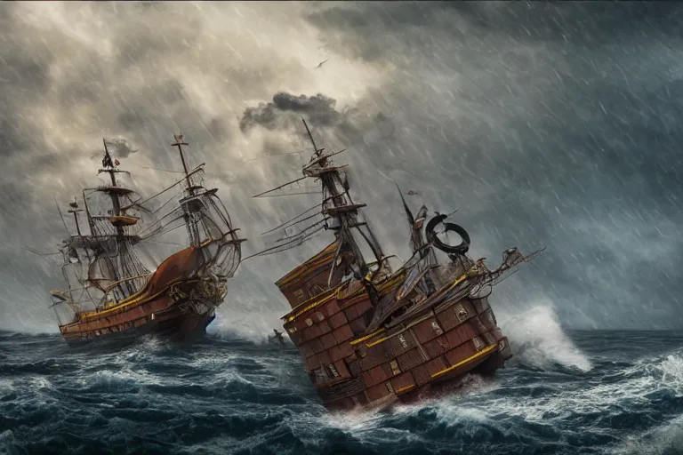 Image similar to epic pirate ship cannon battle in a storm, in the style of vernon grant and chris van allsburg, raging stormy sea, trending on artstation, bright tilt - shift camcorder effect, photoshop, retrowave, hyperrealism, octane, sharp focus, masterpiece