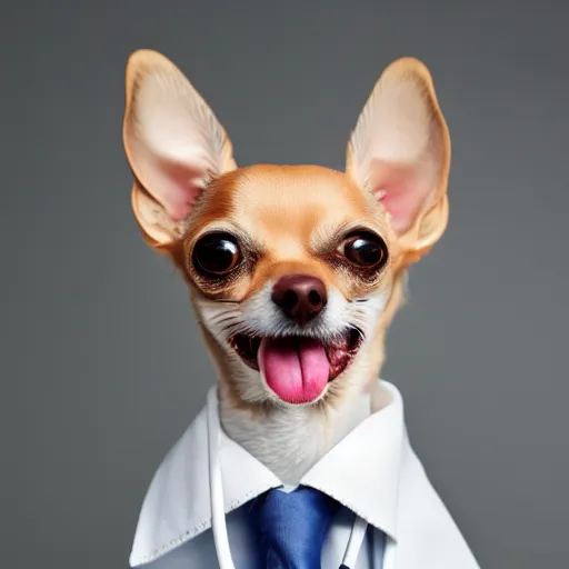 Image similar to chihuahua wearing doctor's attire, studio lighting