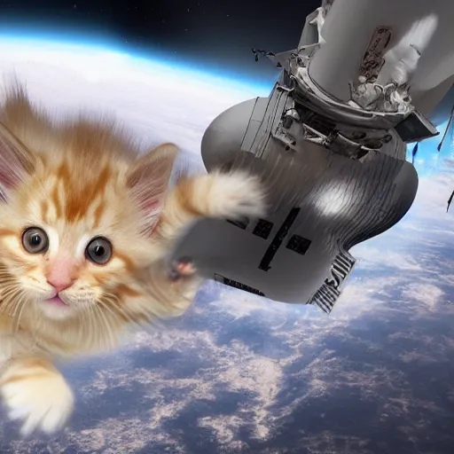 Image similar to 3D realistic action sequence of an astronaut ((cream colored maine coon kitten)) floating next to the James Webb Telescope in outer space, an unopened bag of kitty litter floats nearby, in the background friendly cute cute cute alien spacecraft