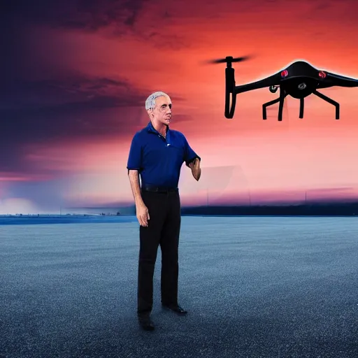 Image similar to aesthetic illustration of jeffrey epstein, wearing a dark blue polo shirt, standing by his global hawk surveillance drone on an empty runway at dusk, cinematic lighting, high detail, volumetric lights, pinterest wallpaper, trending on artstation