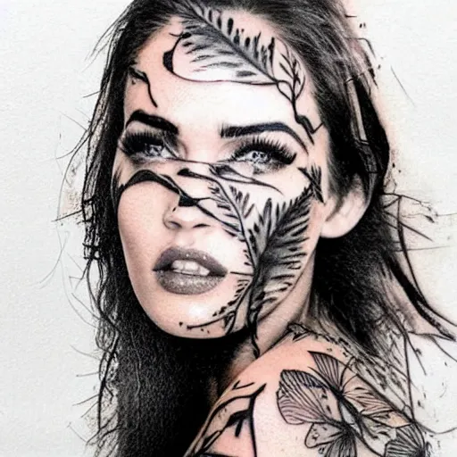 Prompt: realistic tattoo sketch of megan fox face double exposure effect with a mountain scenery, in the style of matteo pasqualin, amazing detail, sharp