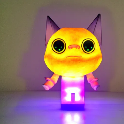 Prompt: a highly detailed vinyl figure with lighting bolts coming out of its eyes it is pointing to the right, RGB smile, square nose, electric eyes, sparking eyes, realistic lighting, realistic reflections