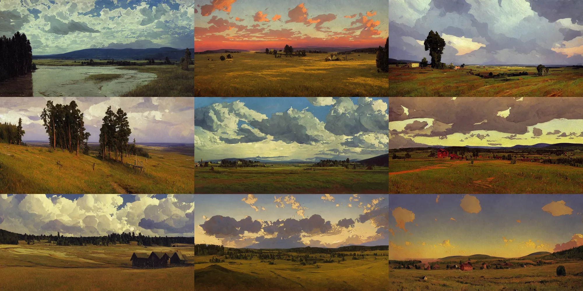 Prompt: painting in the style of Isaac Levitan, Savrasov, arkhip kuindzhi, T Allen Lawson and Ian Fisher and sidney richard percy, wide river and tiny house on the top of the hill, dream heavenly cloudy sky, horzon, hurricane stromy clouds, Alpes, small village, forests and low mountains at sunset sunrise, volumetric lighting, very beautiful scenery, pastel colors, ultra view angle view